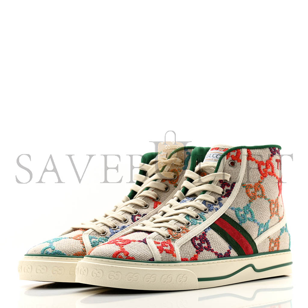 GUCCI LINEN PSYCHEDELIC MINI GG MONOGRAM MENS 1977 TENNIS HIGH TOP SNEAKERS